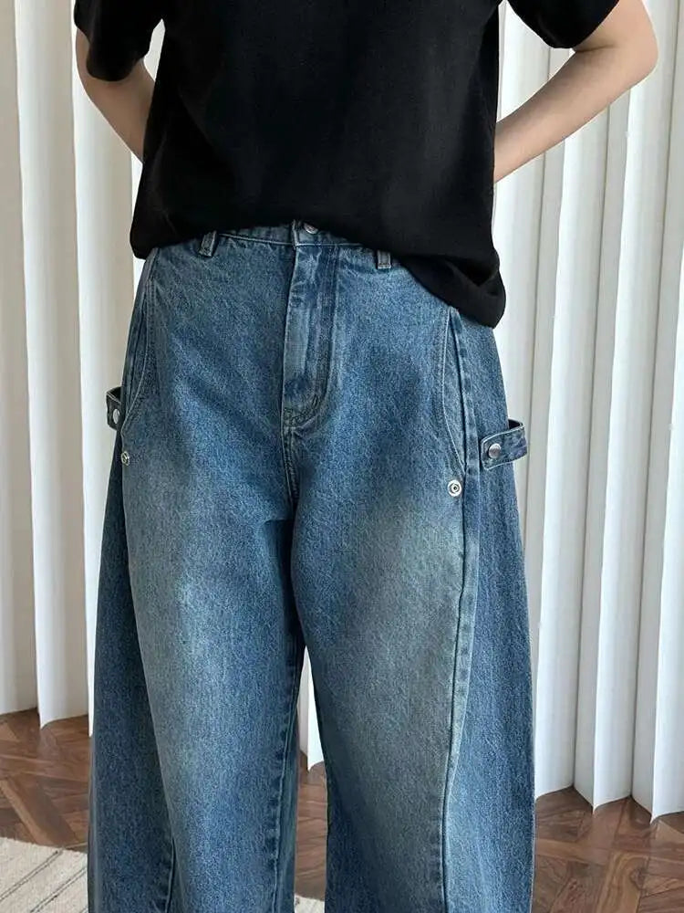 High Waist Blue Denim Shaped Buckle Long Casual Wide Leg Jeans New Women Trousers Fashion Tide Spring Autumn 2025 1DH9091