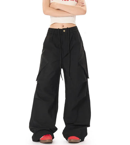 Men's Cargo Pants New American Straight Wide Leg Trendy Multi Pockets Stylish Elastic Waist Male Casual Bottoms 9W1927