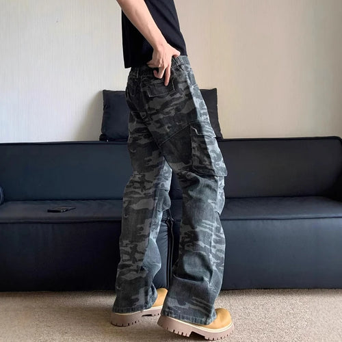 Load image into Gallery viewer, High Style Men&#39;s Denim Pants Pleated Camouflage Cargo Slant Pocket Jeans Loose Straight Wide Leg Male Trousers Tide 9C8607
