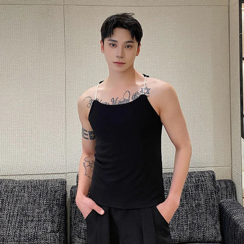 Load image into Gallery viewer, Summer Personalized Male Vest Pearl Shoulder Strap Elastic Short Tank Top Trendy Knitted Ribbed Sleeveless Tops 9C5475
