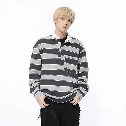 Load image into Gallery viewer, Trendy Men&#39;s Wear Long Sleeve T-shirt Lapel Pullover Autumn Academy Style Contrast Color Striped Men&#39;s Top 9C5182
