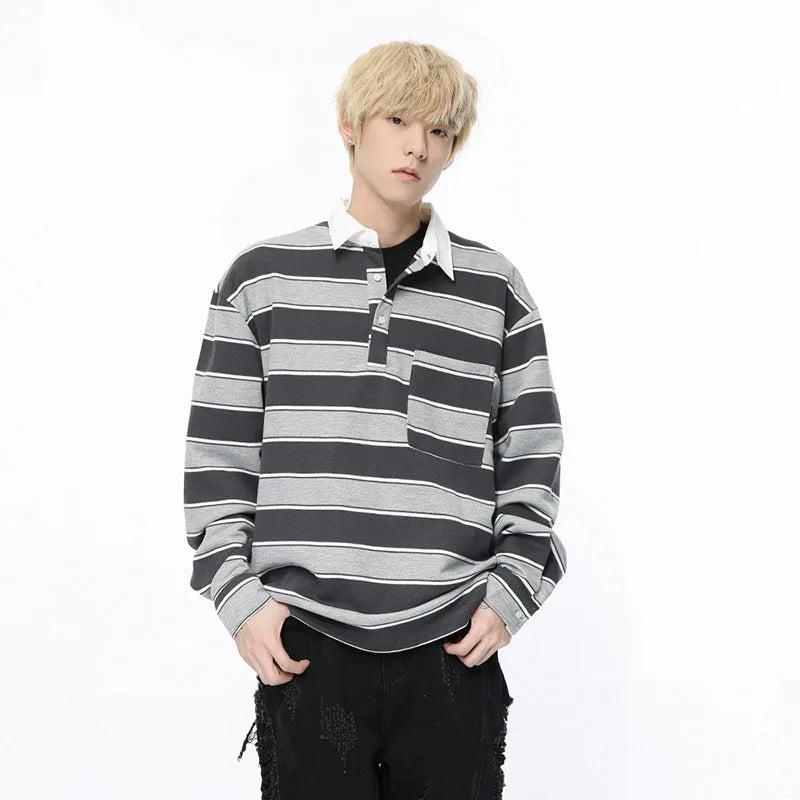 Trendy Men's Wear Long Sleeve T-shirt Lapel Pullover Autumn Academy Style Contrast Color Striped Men's Top 9C5182