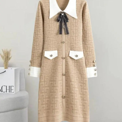 Load image into Gallery viewer, French Patchwork Long Sleeved Lapel Bow Dress Autumn Winter New Temperament Slim Button Knitted A-line Dress Women Chic Clothing
