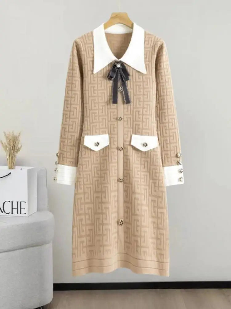 French Patchwork Long Sleeved Lapel Bow Dress Autumn Winter New Temperament Slim Button Knitted A-line Dress Women Chic Clothing
