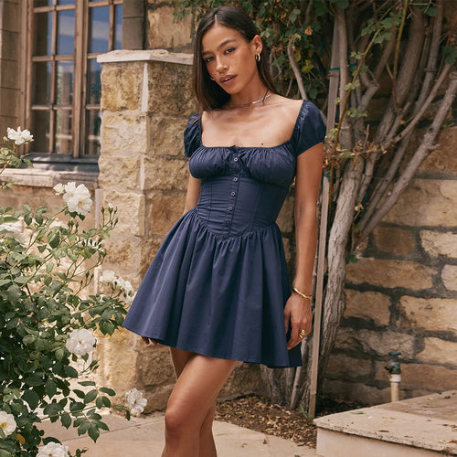 Load image into Gallery viewer, Square Collar Pleated Mini Dress For Women Navy Blue Fashion Short Sleeve Backless A-line Club Party Sexy Dress Elegant
