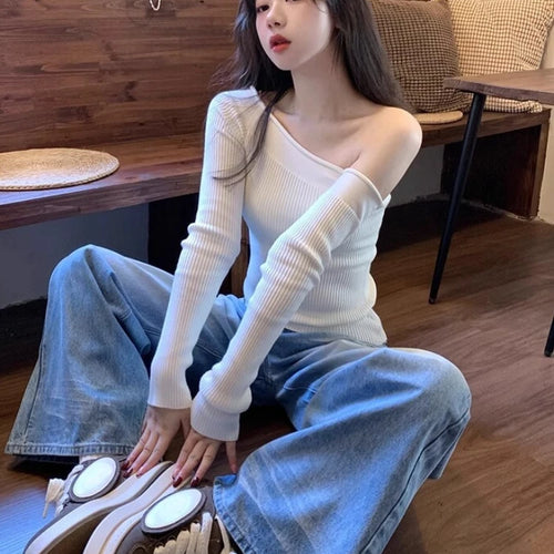 Load image into Gallery viewer, Harajuku Skew Collar Slim Fit T-shirts 2025 Spring Streetwear White Knitted Grunge Tops Women Sexy Y2k Aesthetic Cropped Tees
