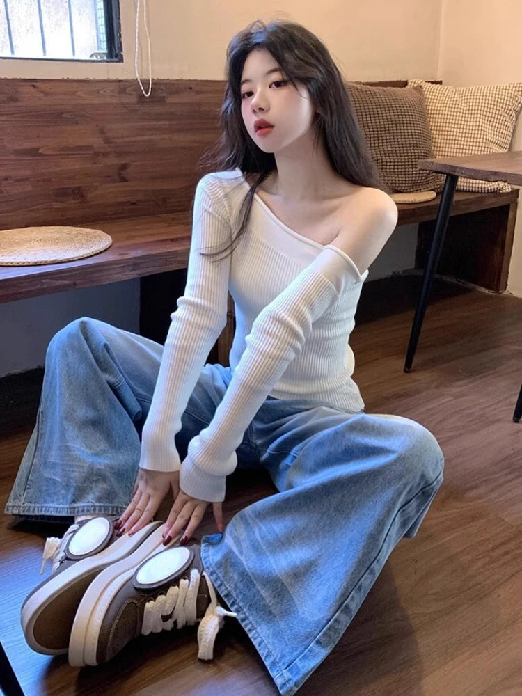 Harajuku Skew Collar Slim Fit T-shirts 2025 Spring Streetwear White Knitted Grunge Tops Women Sexy Y2k Aesthetic Cropped Tees