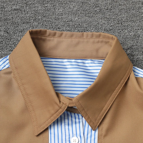 Load image into Gallery viewer, Women Khaki Striped Color-block Big Size Casual Blouse New Lapel Long Sleeve Shirt Fashion Tide Spring Autumn 2025 7AB8930
