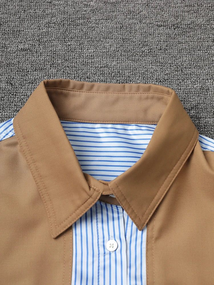 Women Khaki Striped Color-block Big Size Casual Blouse New Lapel Long Sleeve Shirt Fashion Tide Spring Autumn 2025 7AB8930