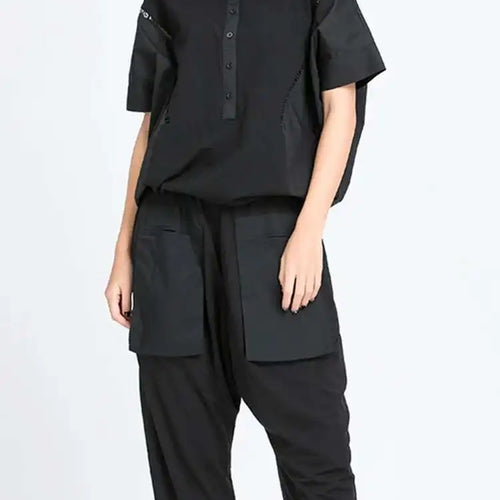 Load image into Gallery viewer, Women Black Color-block Big Size T-shirt New Stand Collar Half Batwing Sleeve Fashion Tide Spring Summer 2025 1DE9318
