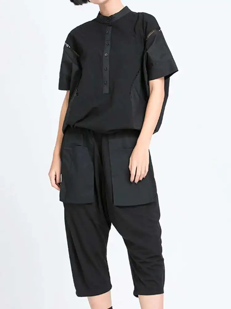 Women Black Color-block Big Size T-shirt New Stand Collar Half Batwing Sleeve Fashion Tide Spring Summer 2025 1DE9318