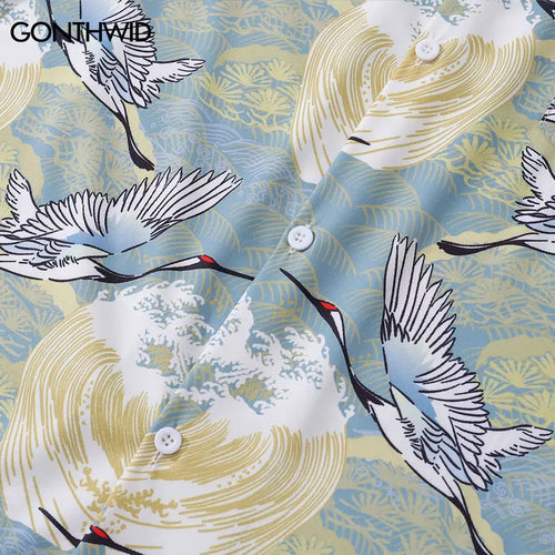 Load image into Gallery viewer, Harajuku Japanese Crane Graphic Print Shirts Y2K Men Summer Button Up Short Sleeve Blouse 2024 Hip Hop Casual Loose Tops Shirt
