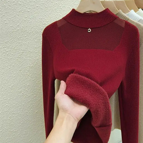 Load image into Gallery viewer, Autumn Winter Women Solid Mesh Velvet Sweater Korean Fashion Warm Round Collar Knitwear Long Sleeve Pullovers Tops Thick Popular
