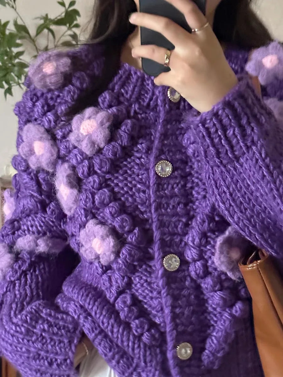 Sweater Women Autumn And Winter New Retro Handmade Sweaters O Neck Fashion Long-sleeve Purple Knitted Cardigan Coat  C-273