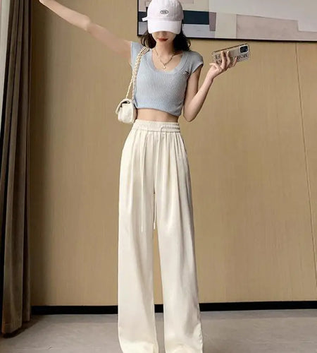 Women Black Diamond Wide Leg Long Pants 2024 Spring Summer White Straight Elastic Drawstring High Waist Lace-up Trousers Casual