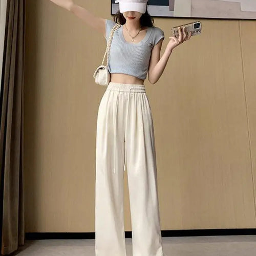 Load image into Gallery viewer, Women Black Diamond Wide Leg Long Pants 2024 Spring Summer White Straight Elastic Drawstring High Waist Lace-up Trousers Casual
