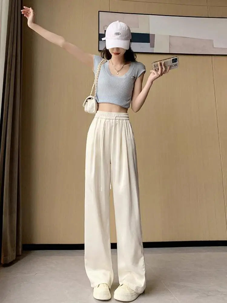 Women Black Diamond Wide Leg Long Pants 2024 Spring Summer White Straight Elastic Drawstring High Waist Lace-up Trousers Casual