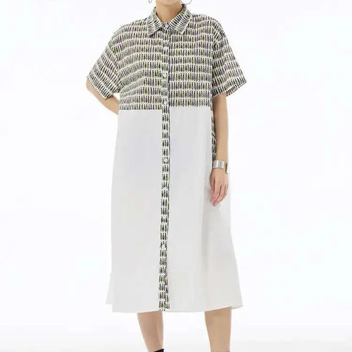 Load image into Gallery viewer, Women Black Printed Color-block Big Size Shirt Dress New Laple Short Sleeve Fashion Tide Spring Summer 2025 1DH6081
