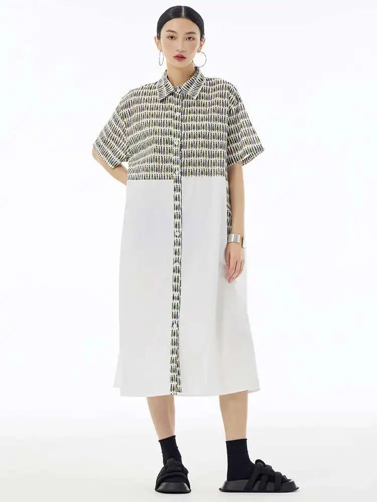 Women Black Printed Color-block Big Size Shirt Dress New Laple Short Sleeve Fashion Tide Spring Summer 2025 1DH6081