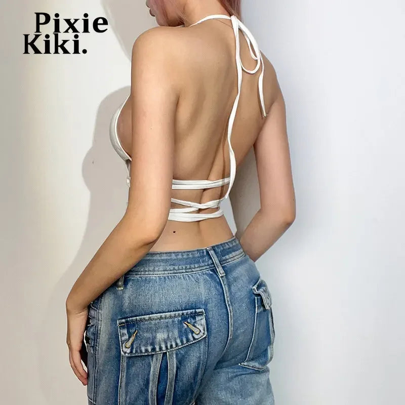 Sexy Cut Out Crop Tops Women Lace Up Backless Halter Tops Summer 2023 Trendy Streetwear Tanks and Camis P94-BG10