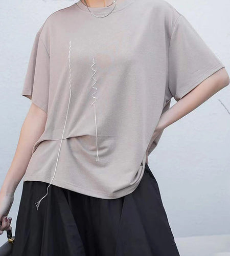 Women Black Topstitched Irregular Big Size T-shirt New Round Neck Short Sleeve Fashion Tide Spring Summer 2025 1DJ0944