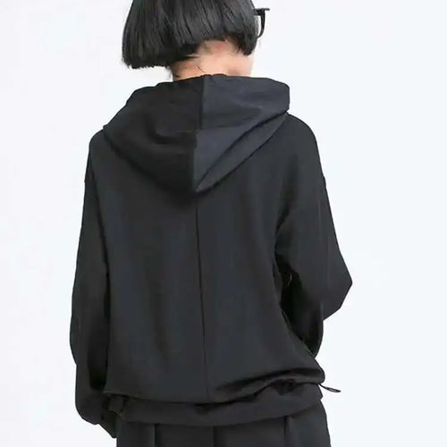 Load image into Gallery viewer, Women Black Pocket Split Joint Drawstring Big Size T-shirt New Hooded Long Sleeve  Fashion Tide  Spring Autumn 2025 1Y772
