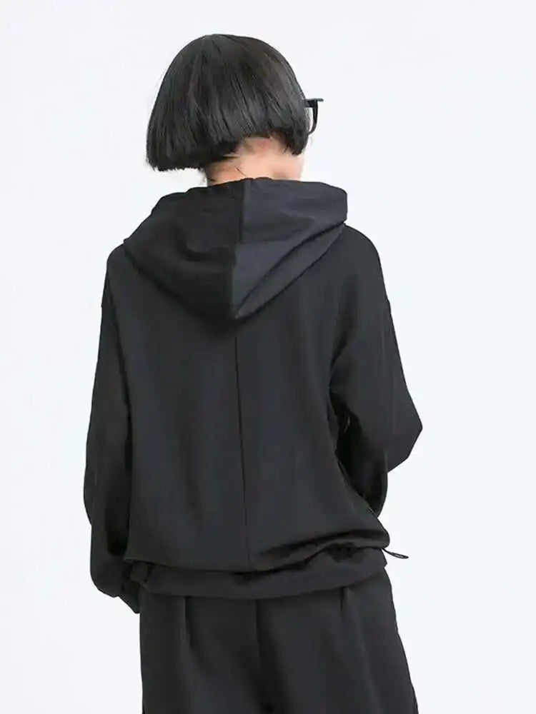 Women Black Pocket Split Joint Drawstring Big Size T-shirt New Hooded Long Sleeve  Fashion Tide  Spring Autumn 2025 1Y772
