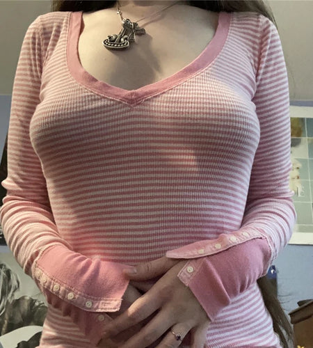 y2k Fairycore Grunge T Shirt Women Striped V Neck Long Sleeve Tops 2000s Aesthetic Clothes Ribbded Tee Streetwear