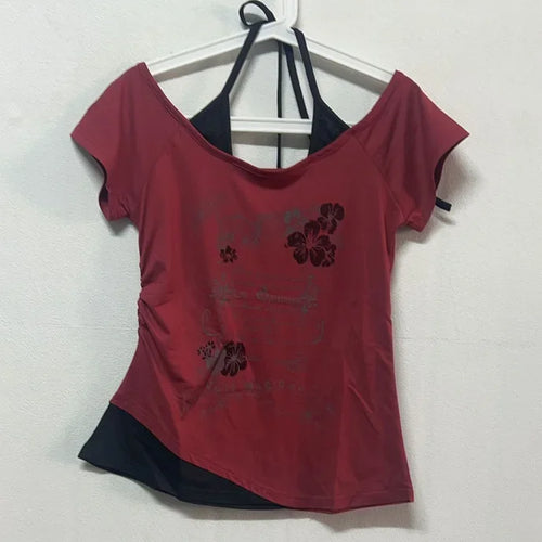 Load image into Gallery viewer, Summer Fake Two Pieces Halter Bandage Vintage T-shirts Y2k Aesthetic Slim Crop Tops Women Grunge Print Harajuku Casual Sexy Tee
