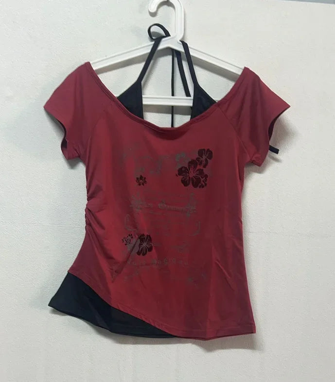 Summer Fake Two Pieces Halter Bandage Vintage T-shirts Y2k Aesthetic Slim Crop Tops Women Grunge Print Harajuku Casual Sexy Tee