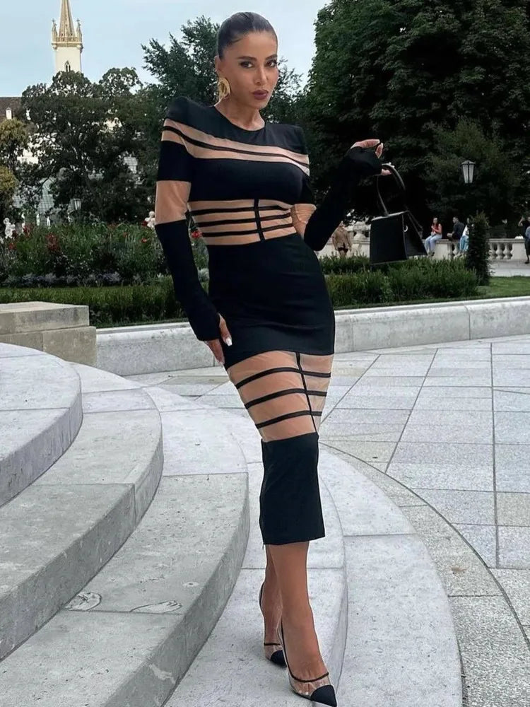 Elegant Long Sleeve Mesh Patchwork Bodycon Party Evening Dress Women Elastic Tight Autumn/Winter New 2024 Vestido Female