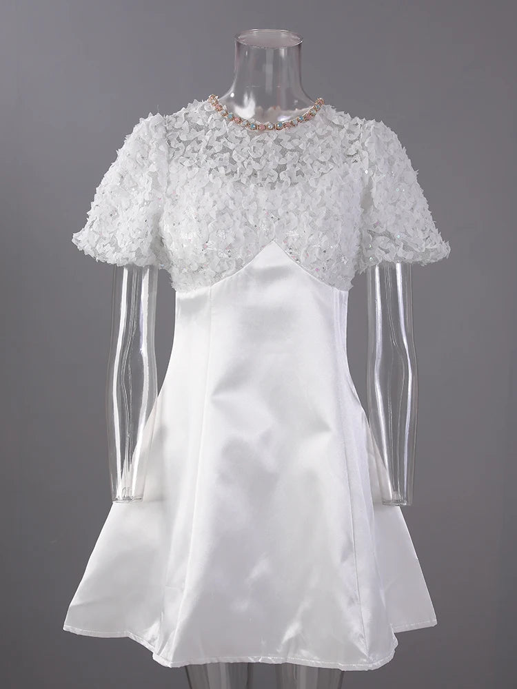 Women White Lace Rhinestones Elegant Slim Mini Dress New Round Neck Short Sleeve Fashion Tide Spring Summer 2025 CPG2980