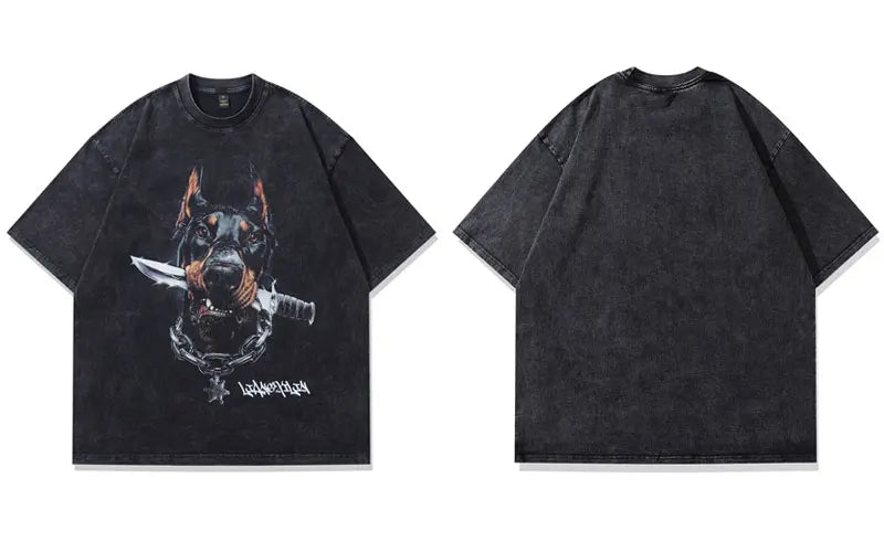 Vintage Oversized T-Shirts Streetwear Cartoon Doberman Dog knife Graphic Printed Black Tshirt Hip Hop Harajuku Punk Gothic Tops