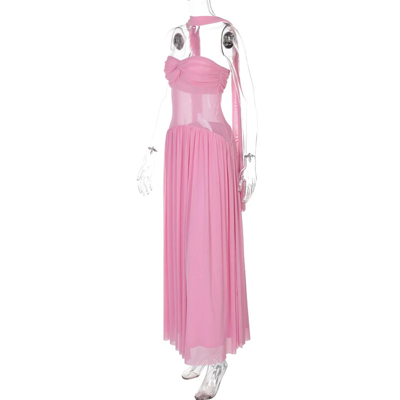 Scarf Collar Backless Sexy Maxi Dress For Women Gown Pink Strapless Off-shoulder Backless Mesh Long Dress Vestido