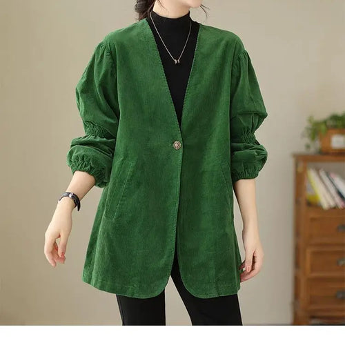 Load image into Gallery viewer, Women Green Retro Artistic Corduroy Blazer Jacket Spring Autumn V Neck Long Sleeve Versatile Loose High-end Workwear Suit Coats
