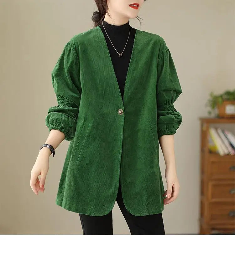 Women Green Retro Artistic Corduroy Blazer Jacket Spring Autumn V Neck Long Sleeve Versatile Loose High-end Workwear Suit Coats