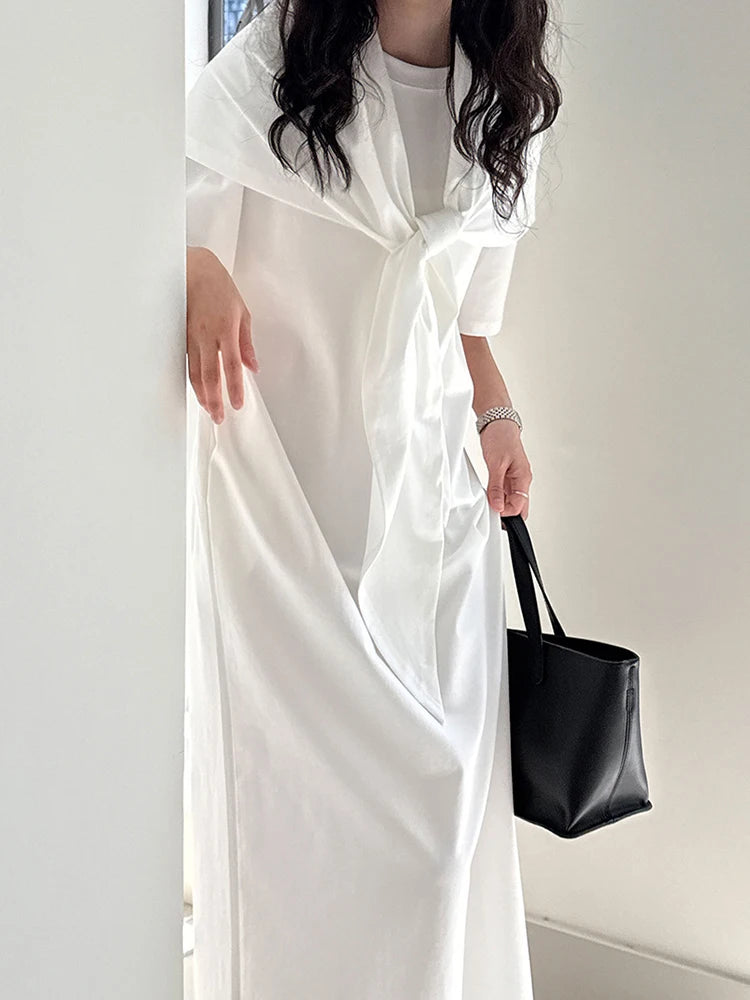 Women White Bandage Irregular Big Size Midi Dress New Round Neck Short Sleeve Fashion Tide Spring Summer 2025 1DJ1263