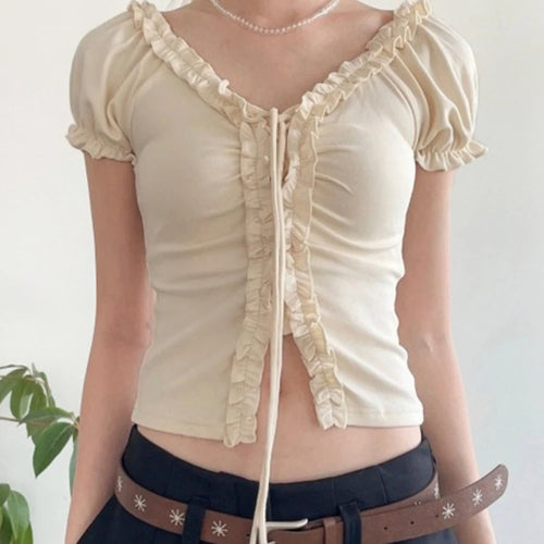 Load image into Gallery viewer, Women Y2k Aesthetic Ruffled Bandage T-shirt Summer Harajuku Fairy Vintage Slim Fit Tees Grunge Cropped Pleated Tops Streetwear
