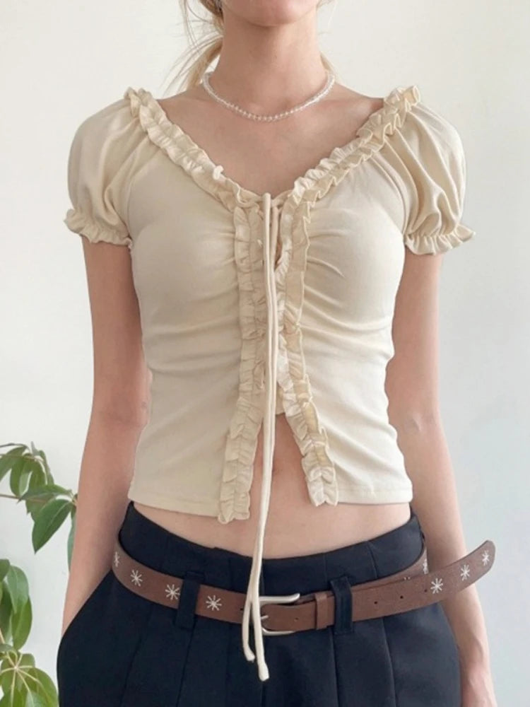 Women Y2k Aesthetic Ruffled Bandage T-shirt Summer Harajuku Fairy Vintage Slim Fit Tees Grunge Cropped Pleated Tops Streetwear
