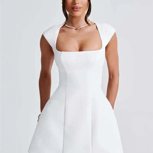 Load image into Gallery viewer, Square Collar Short Sleeve Mini Dress For Women Robe New Fashion Solid A-line Loose High Waist Short Dress Elegant
