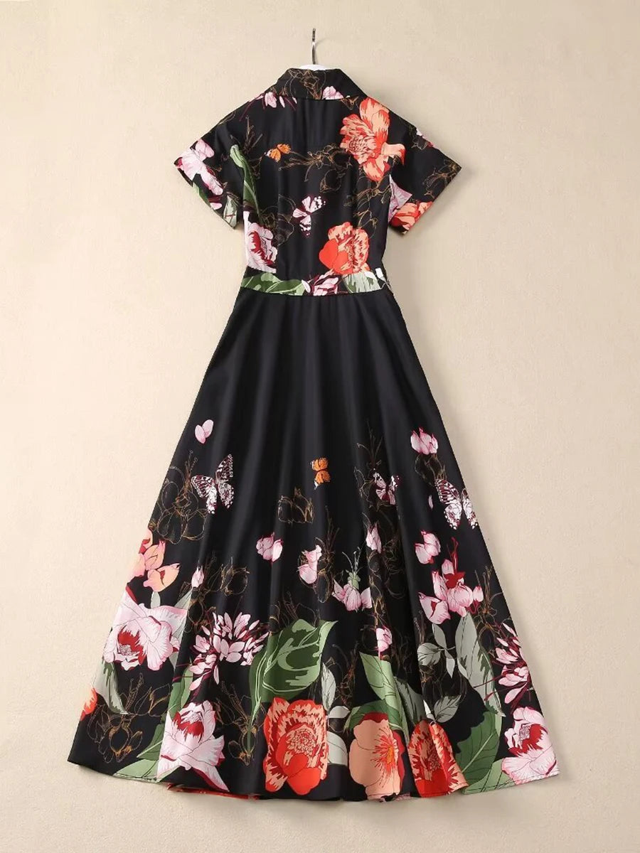 Colorblock Floral Printted Casual Midi Dresses For Women Lapel Long Sleeve Patchwork Button Loose Dresses Female