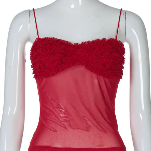 Load image into Gallery viewer, Spaghetti Strap Mesh Pleated Sexy Crop Tops Women Red Strapless Sleeveless Backless Skinny Club Tank Tops Clubwear
