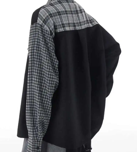 Women Color-block Black Plaid Big Size Blouse New Lapel Long Sleeve Loose Shirt Fashion Tide Spring Autumn 2025 1DH3220