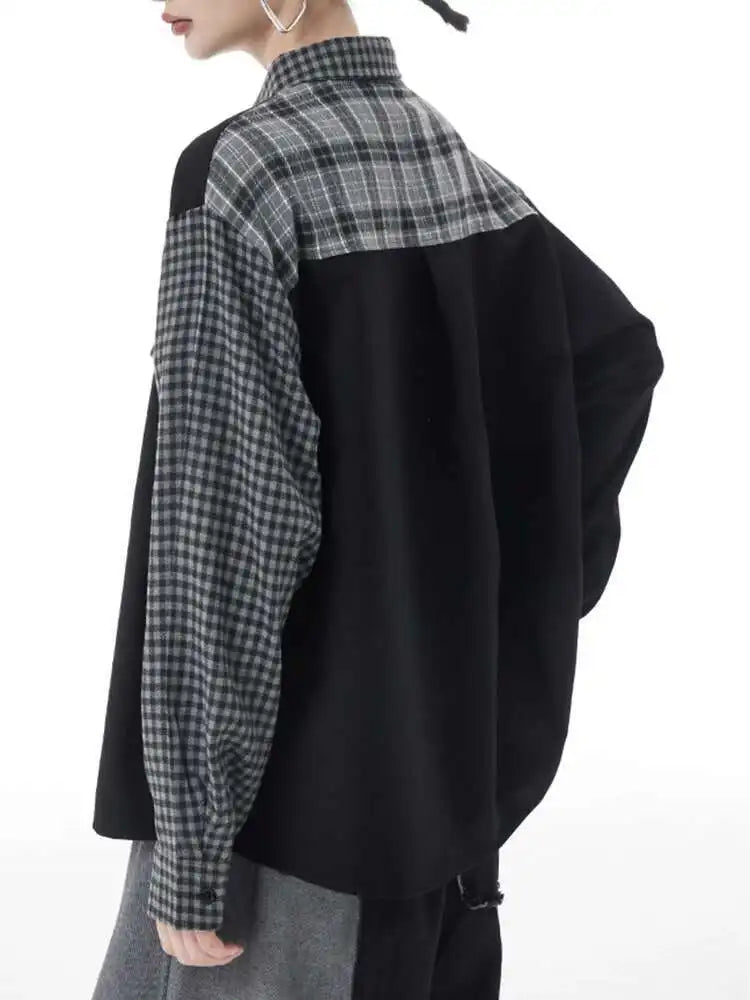 Women Color-block Black Plaid Big Size Blouse New Lapel Long Sleeve Loose Shirt Fashion Tide Spring Autumn 2025 1DH3220