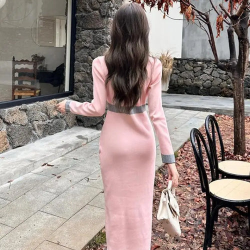 Load image into Gallery viewer, Autumn Winter French Patchwork Long Sleeves Festival Knitted Dresses Women's Elegant V Neck High Waist Wrap Hip Dress Streetwear
