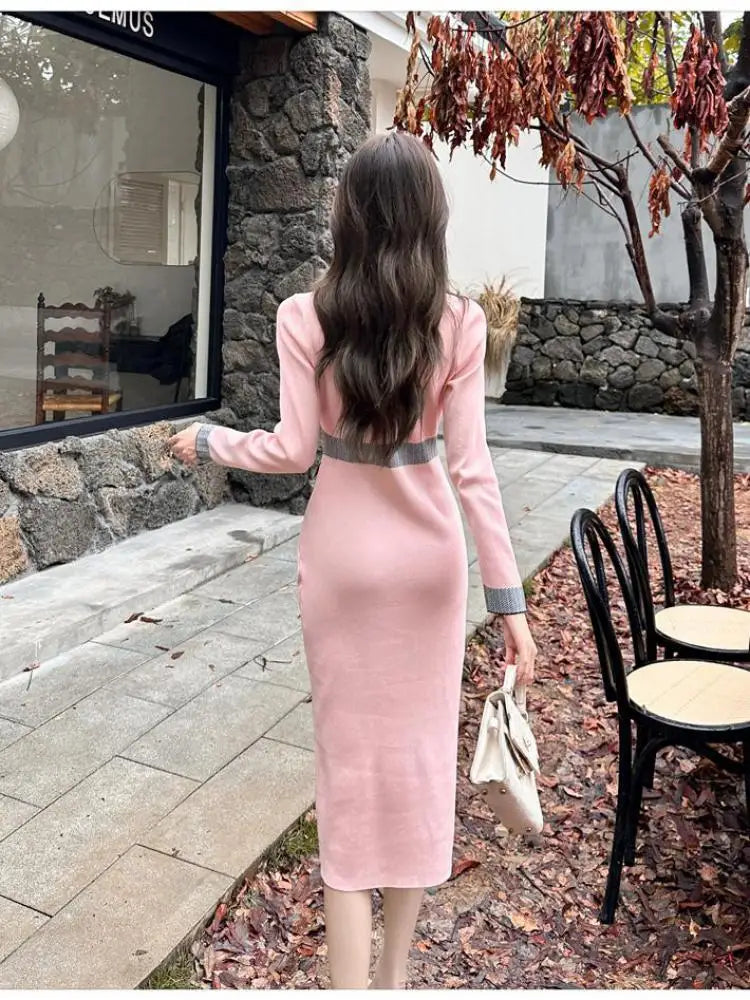 Autumn Winter French Patchwork Long Sleeves Festival Knitted Dresses Women's Elegant V Neck High Waist Wrap Hip Dress Streetwear