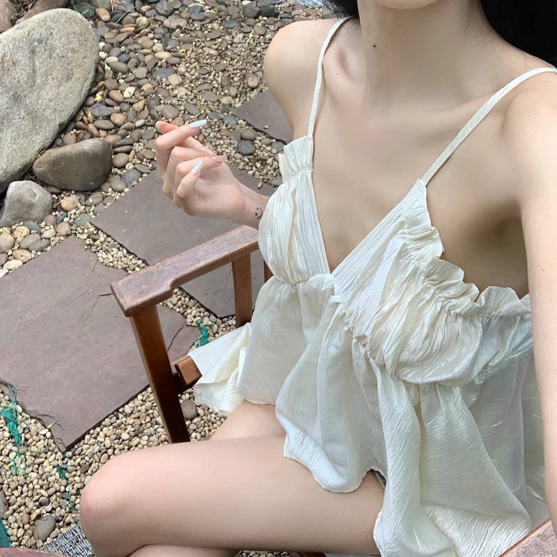 y2k Summer Tops for Women Solid Color V Neck Spaghetti Strap Sleeveless Asymmetrical Hem Camisole 2000s Clothing﻿