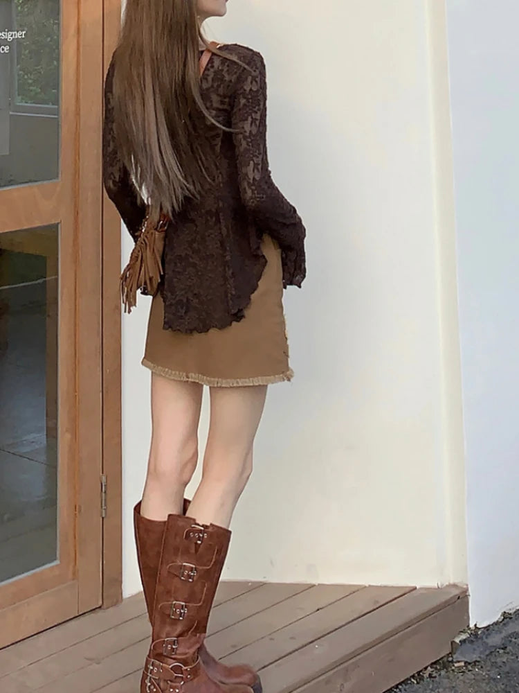 Y2k Aesthetic Two Piece Set Spring Flare Slleve Sexy Printing Cardigan + Streetwear Halter Crop Vest Top 2 Suits Summer Grunge