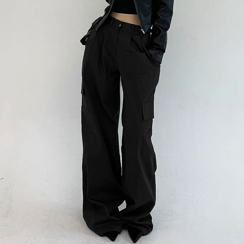 Korean Fashion Pleated Suit Pants Solid Elegant Basic Cargo Trousers Women Harajuku Folds Pockets Sweatpants Outfits