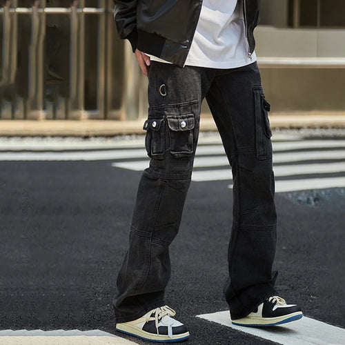 Load image into Gallery viewer, Men&#39;s Cargo Jeans New Fashion Multi Pockets Design Distressed Personaility Trendy Straight Leg Niche Male Bottoms 9W1931
